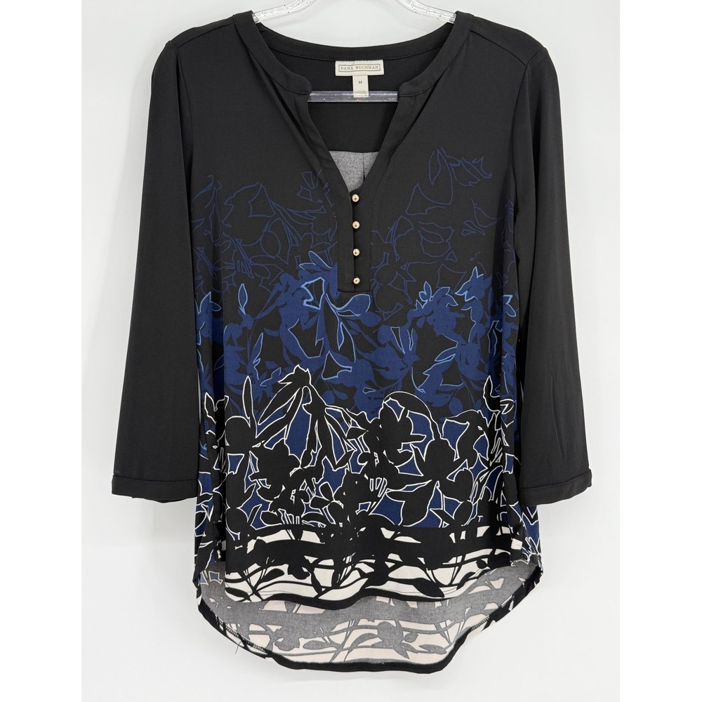 Dana Buchman Womens Black Blue Floral Border Print 3/4 Sleeve Henley Blouse Sz M